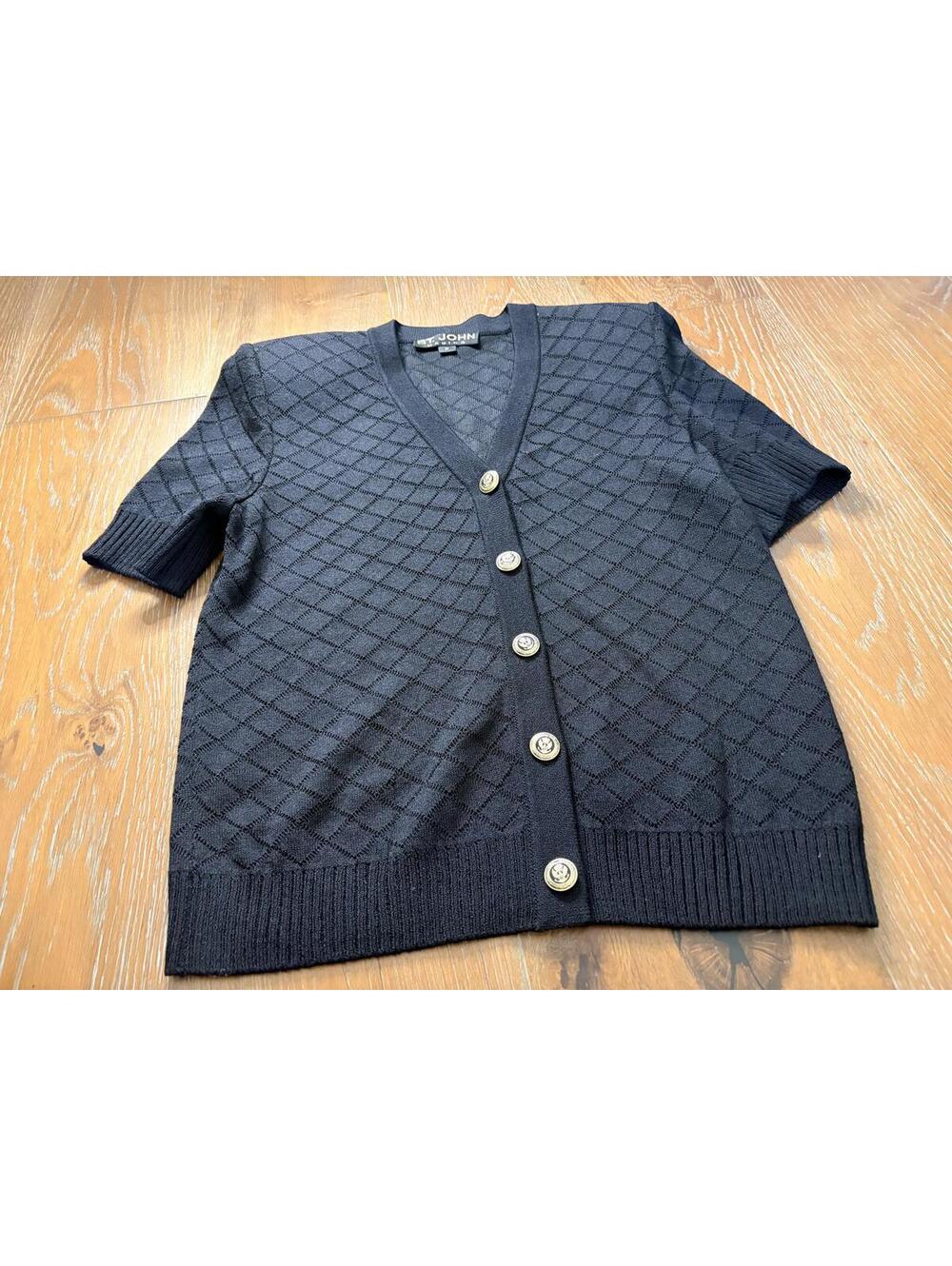 St. John Black Knit Cardigan Diamond Pattern Short Sleeve Classic P Size